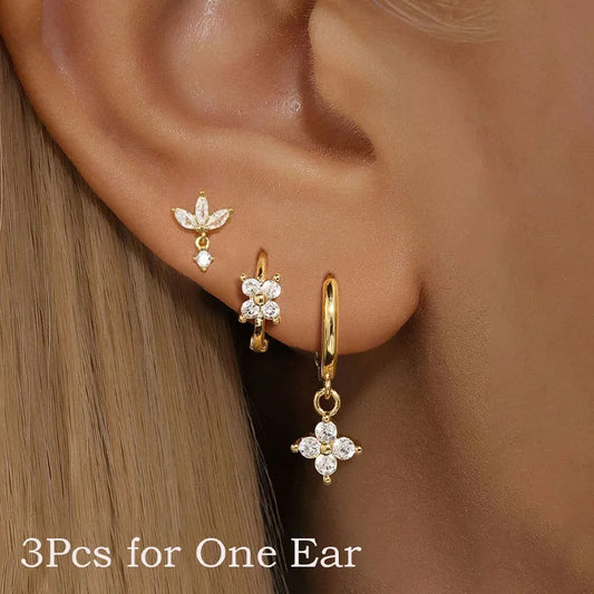 3-Delige Set RVS Oorringen met Zirkonia Bloemhanger – Dames Oorbellen & Helix Piercing Sieraden