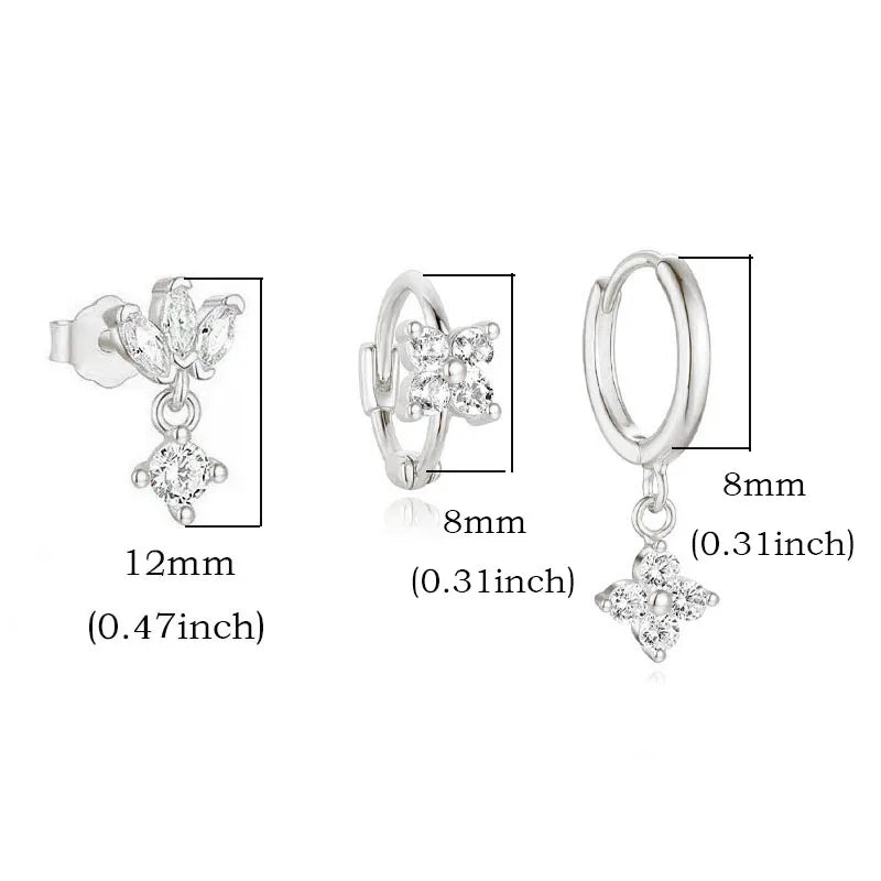 3-Delige Set RVS Oorringen met Zirkonia Bloemhanger – Dames Oorbellen & Helix Piercing Sieraden