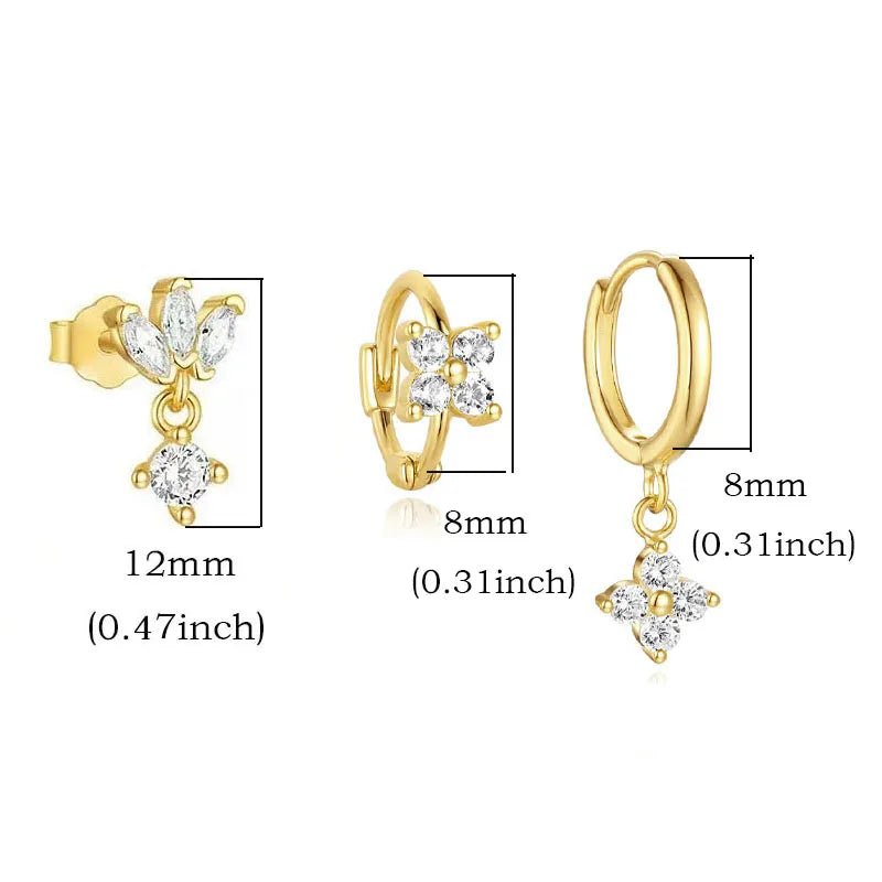 3-Delige Set RVS Oorringen met Zirkonia Bloemhanger – Dames Oorbellen & Helix Piercing Sieraden