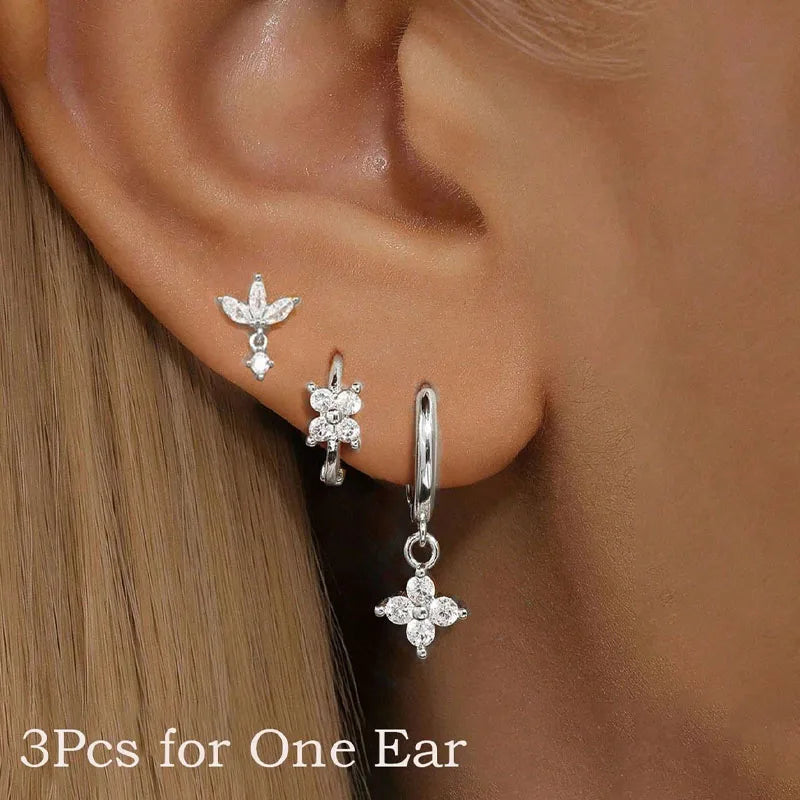 3-Delige Set RVS Oorringen met Zirkonia Bloemhanger – Dames Oorbellen & Helix Piercing Sieraden