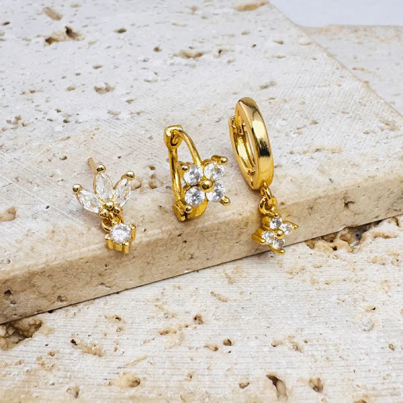 3-Delige Set RVS Oorringen met Zirkonia Bloemhanger – Dames Oorbellen & Helix Piercing Sieraden