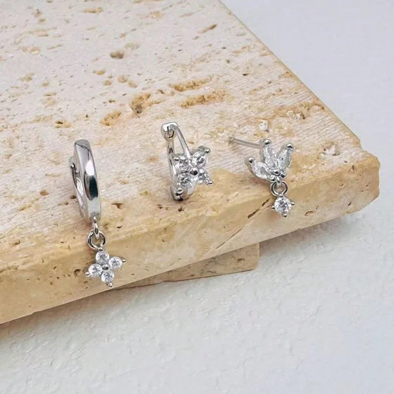 3-Delige Set RVS Oorringen met Zirkonia Bloemhanger – Dames Oorbellen & Helix Piercing Sieraden